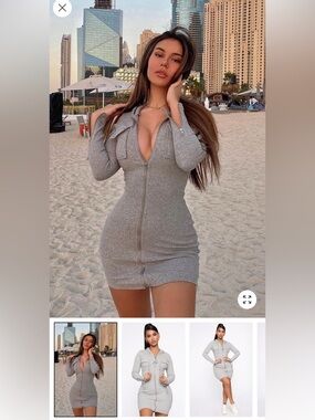 Ribbed Zip-Front Bodycon Mini Dress - Gray